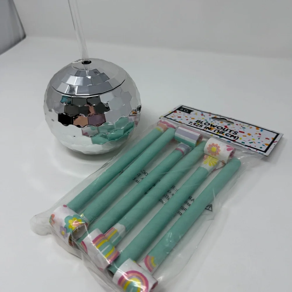Silver Disco Ball Cup with Teal Party Blowers